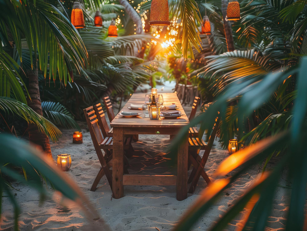 un repas dans un décor tropical