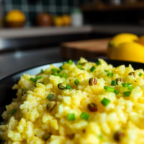 Risotto crémeux au citron et à l’estragon, éclats de pistaches