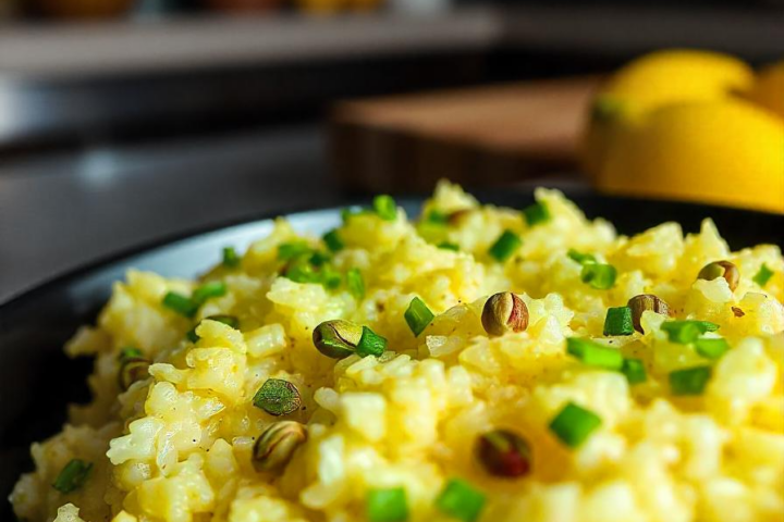 Risotto crémeux au citron et à l’estragon, éclats de pistaches