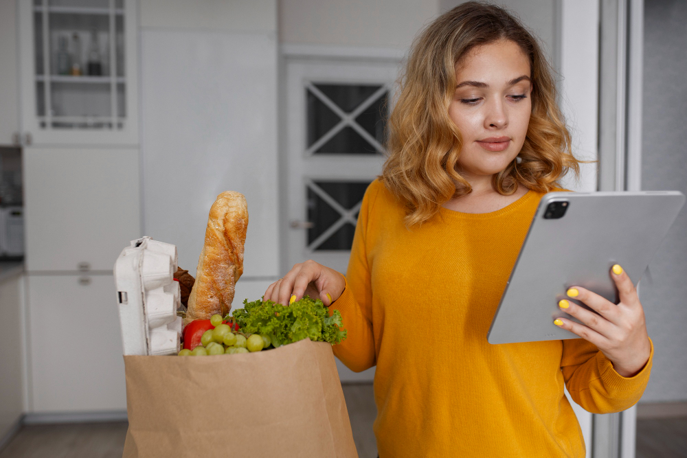 une femme faisant ses courses en ligne sur une tablette tactile